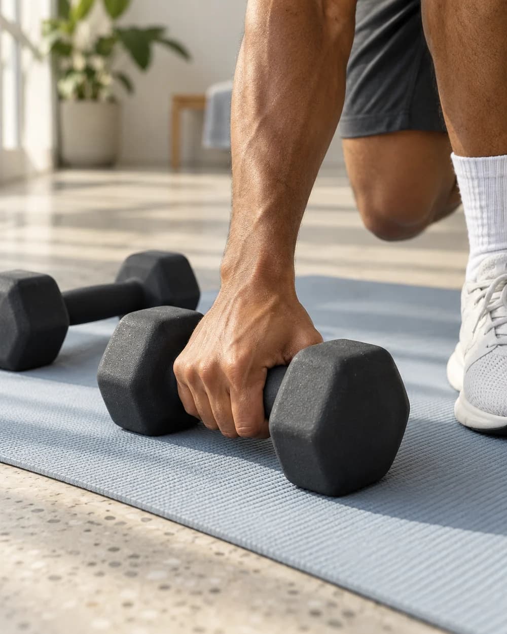 Picking up a dumbbell from an exercise mat for a workout at home.